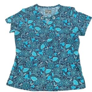 Butter-Soft Scrub Top Womens Medium Blue Floral Paisley Stretch V-Neck Medical
